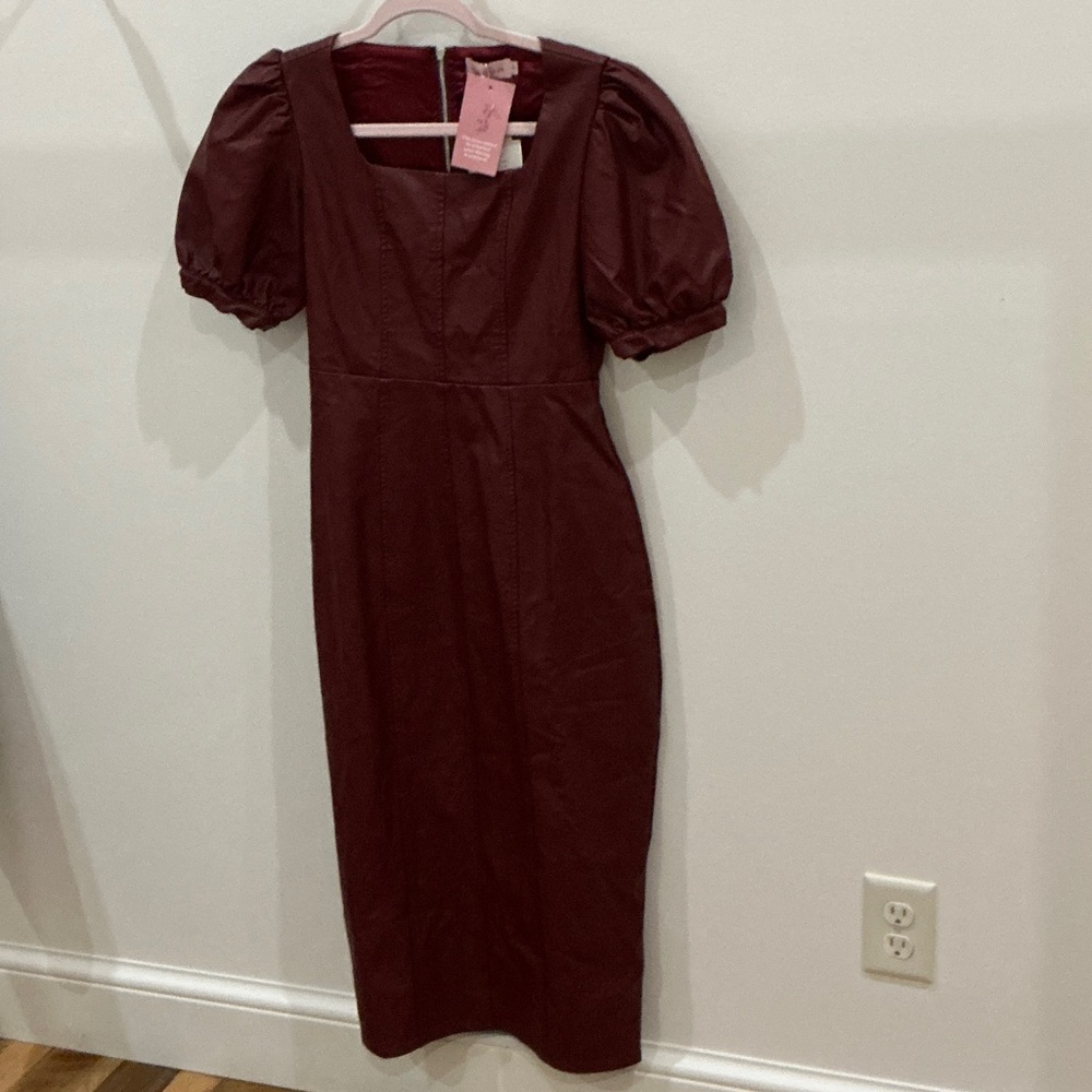 Ivy City Co Burgundy Midi Dress with Puff Sleeves